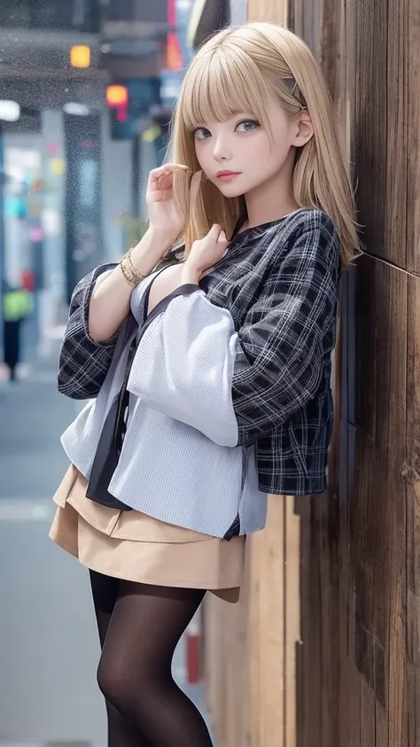 (( Pencil Miniskirt、Long sleeve blouse:1.2、(pantyhose:1.3)、Stiletto heels))、anklet、necklace、One 22-year-old woman、( long hair、 side ponytails :1.2、Blonde Hair)、Medium breast、Slender body、 Beautiful Tight Legs 、Company Hallway 、 Standing leaning against a w...