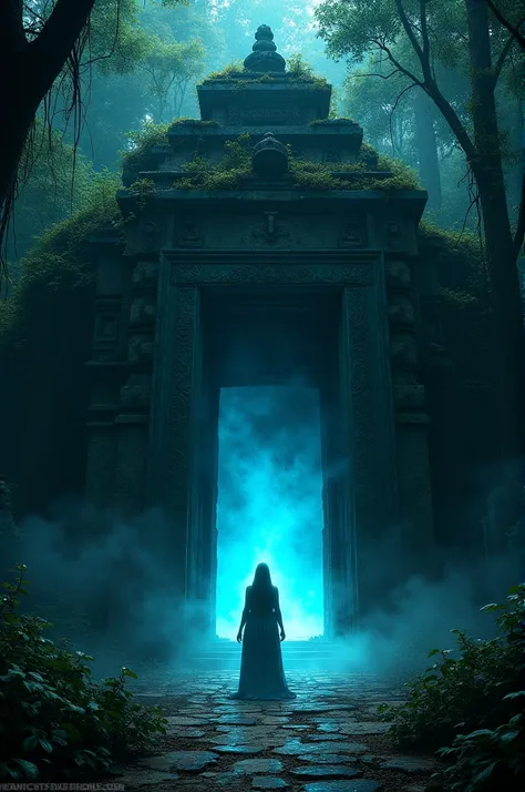 An ancient temple in ruins, deep in a jungle. Vines creep over the crumbling stone, and the entrance is shrouded in shadows. Inside, a faint blue glow reveals the silhouette of a ghostly figure standing before an altar.