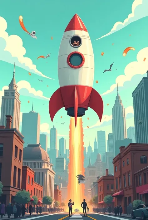 Cartoon image of a rocket falling in the city of Philadelphia 