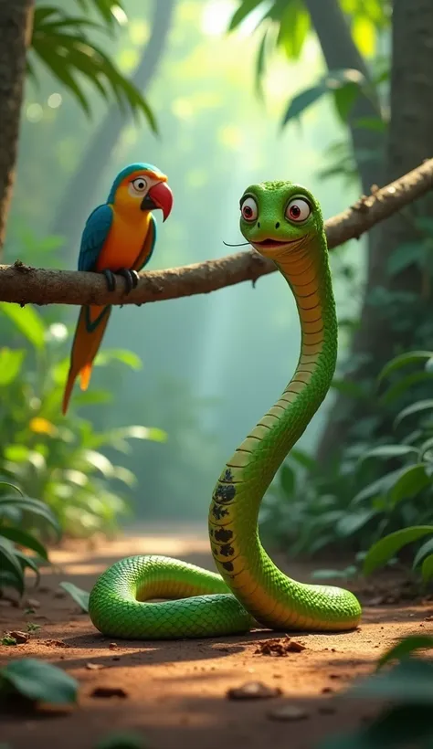 A humorous yet sympathetic Pixar-style scene showing a battered and bruised snake lying on the jungle floor, clearly shaken from its fall. The snakes vibrant green scales are scuffed, and its body is awkwardly coiled, with large, expressive eyes showing ex...