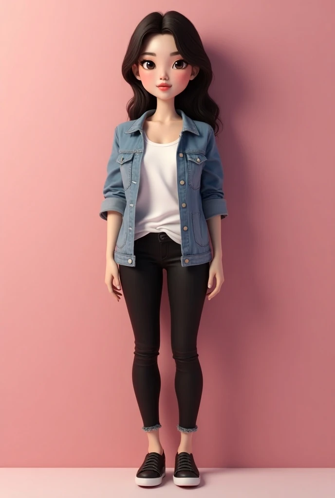 Realistic 3D caricature of a beautiful Indonesian woman with a clean face and white skin, wearing a denim jeans jacket, loose t-shirt , black jeans, wearing shoes,standing pose full body plain fuchsia wallpaper background,hyper realistic hd high quality ph...