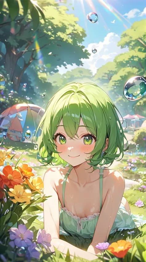 One Girl、Playful smile、Bright Eyes、Wet Short Hair 、 perfect top 、 relaxed pose 、 pottery skin、Small breasts、Sparkling water droplets、 carefree attitude 、  
break、  
 sunny day after rain 、（ vibrant lighting :1.4）、Warm Tones、 fun vibe、 lively reflection 、 p...