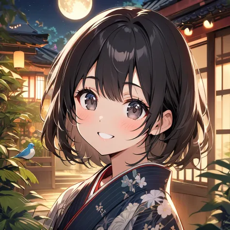 Woman, Age 25, happy, smile,  Staring at Viewers ,  Black Hair ,  black eyes , Big Eyes, kimono, Beautiful scenery surrounded by plants,  with full moon , At night, cute, beautiful,  Relaxed Atmosphere , A vibrant academic community,  Bird&#39;s Eye View, ...