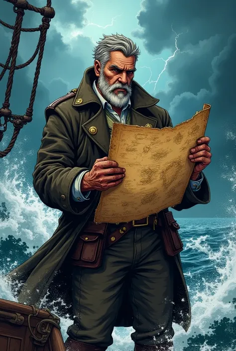  Ship captain holding and reading an old map , storm background comic 