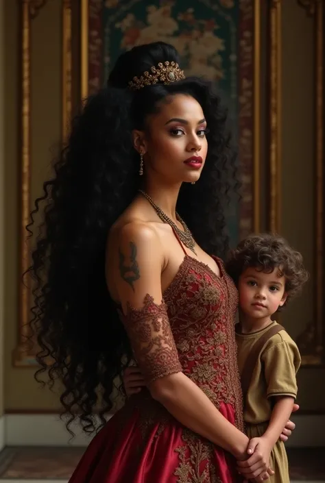 37 year old woman, beautiful, king,  curly hair up to the ass, with the son on the side 