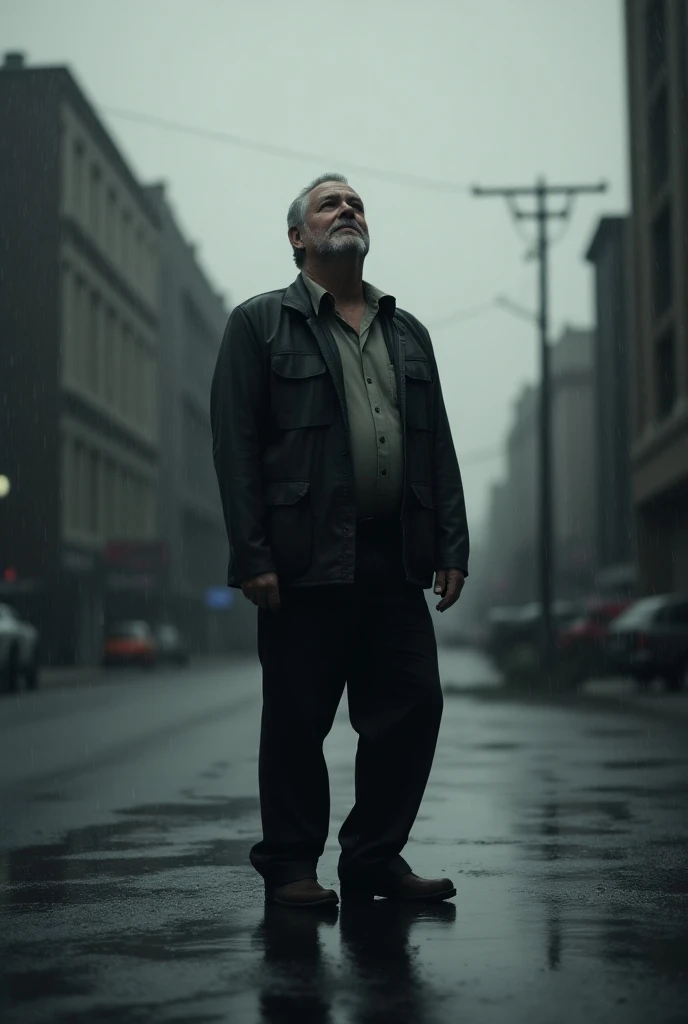 A man standing in rain looking up.