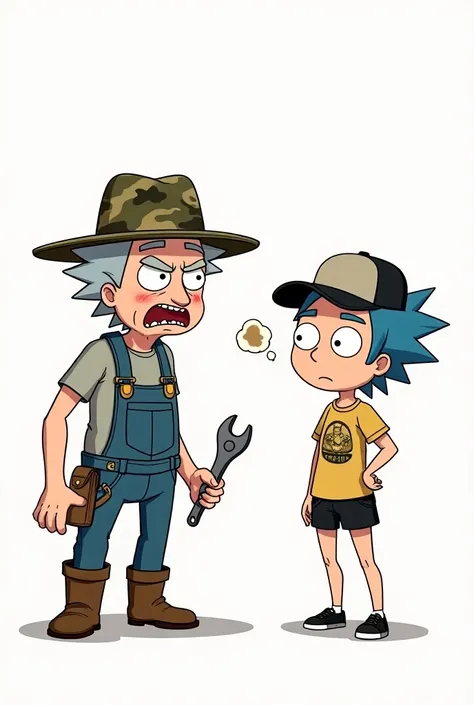 Line art, chibi, two people, older man, grey hair, brown eyes, camo hat, grey t shirt, jean overalls, boots, waving a wrench, mad expression, woman, blue pixie cut, light blue eyes, trucker hat, graphic tee shirt, black shorts, black shoes, confused dumb e...