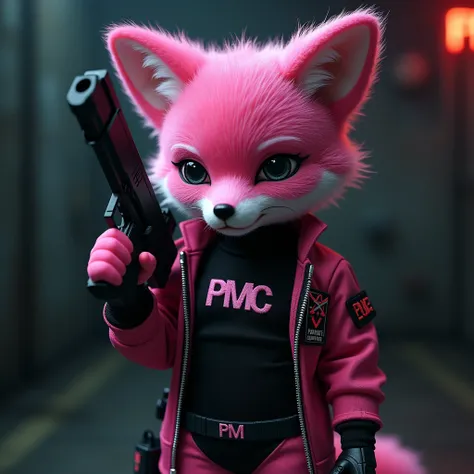 Hyper realistic pink fox doll wearing girl mafia look outfit, PMC letter embroided to the outfit, HD, cyberpunk style, dark background, holding a gun