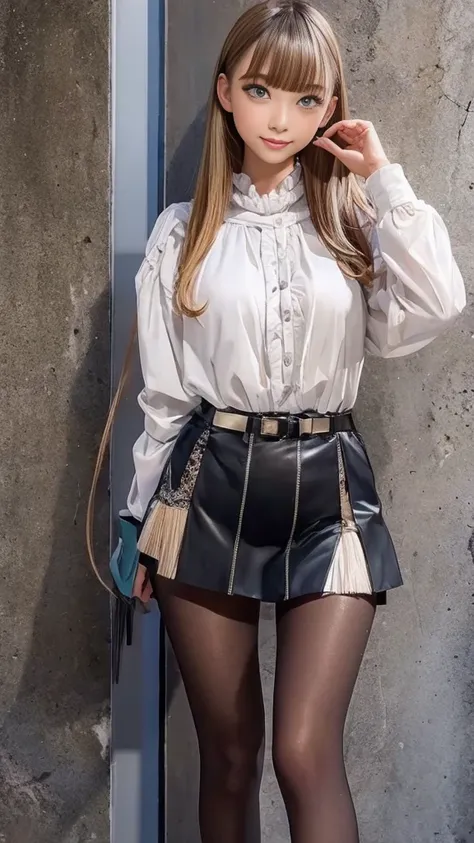 (( Pencil Miniskirt、Long sleeve blouse:1.2、(pantyhose:1.3)、Stiletto heels))、anklet、necklace、One 22-year-old woman、( long hair、 side ponytails :1.2、Blonde Hair)、Medium breast、Slender body、 Beautiful Tight Legs 、Company Hallway 、 Standing leaning against a w...