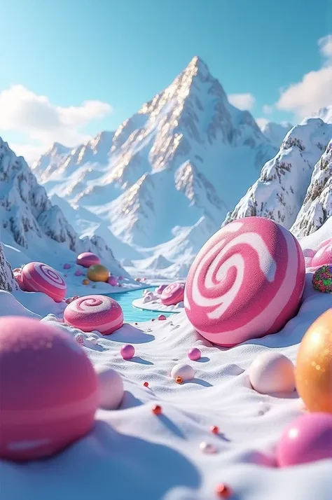 Colored snow mountain and big candies