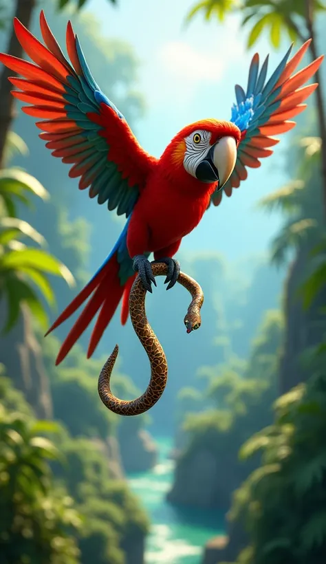 A dynamic and colorful Pixar-style scene featuring a vibrant parrot soaring through the air, clutching an injured snake in its talons. The parrots bright feathers are a mix of reds, blues, and greens, and its expressive eyes show determination as it flies ...