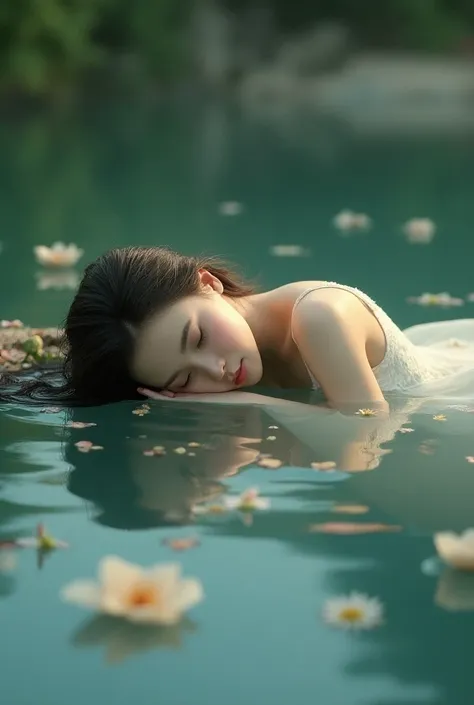 Girl sleeping in water with flowers over