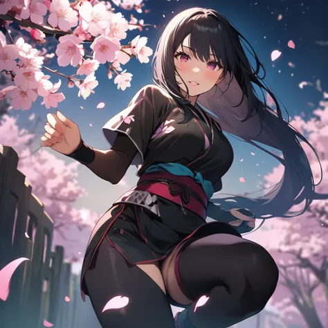 ｛create、 high quality、Highest quality、4K｝、Beautiful woman、 Black Hair 、 Female Ninja 、Long Hair、Cherry Blossoms at Night、