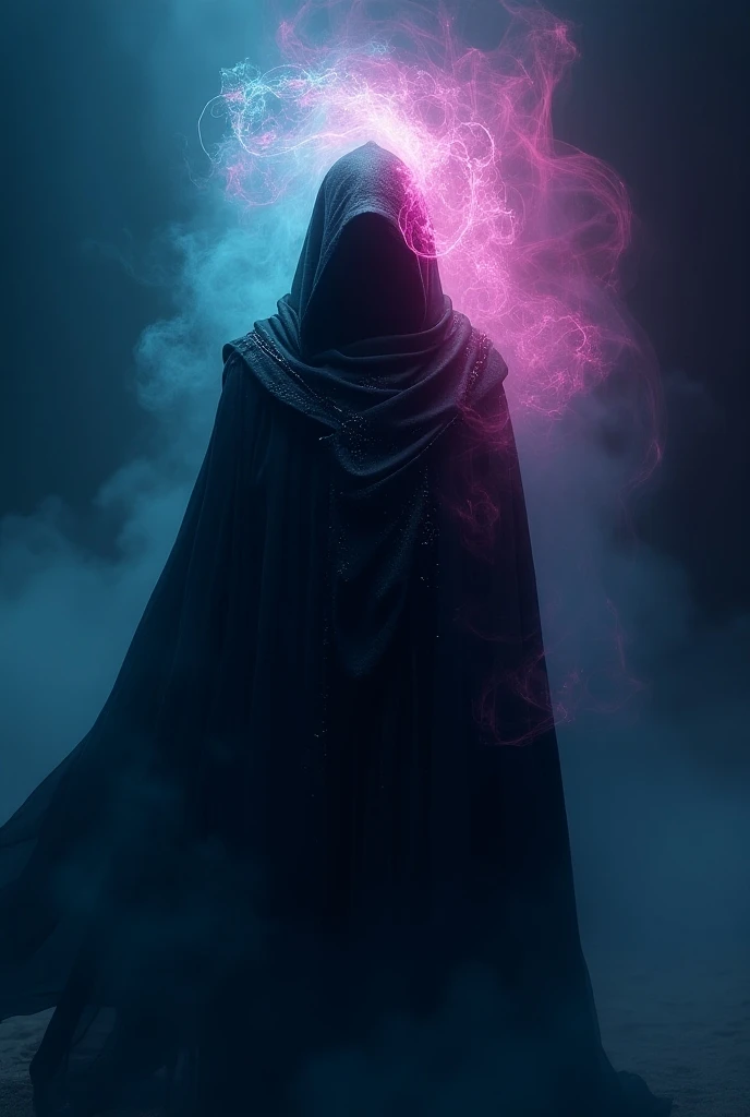 MysticAnimation. A powerful figure cloaked in deep, flowing robes stands in an ethereal environment, surrounded by a mesmerizing aura of vibrant colors. The scene is illuminated by a blend of electric blue and radiant pink energy that swirls around the fig...