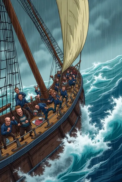  Sailors working on a galleon deck in the rain with big waves hitting the boat. Let it be comic type 