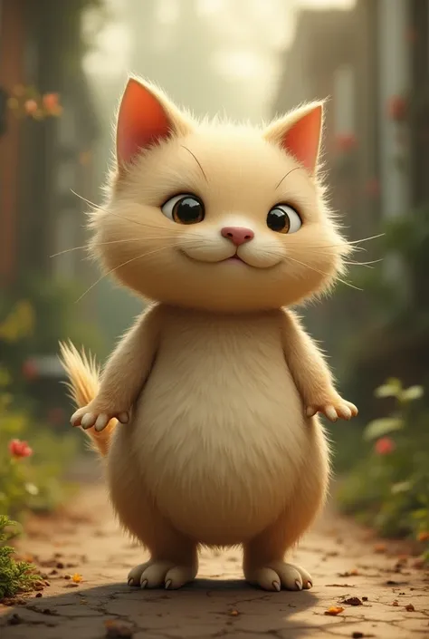  a full-body image that looks like a real cat and has a sense of coat standing on two legs　Slightly chubby and cute cat-like face 　Have a view of the world like Snoopy and match the costume and background 。