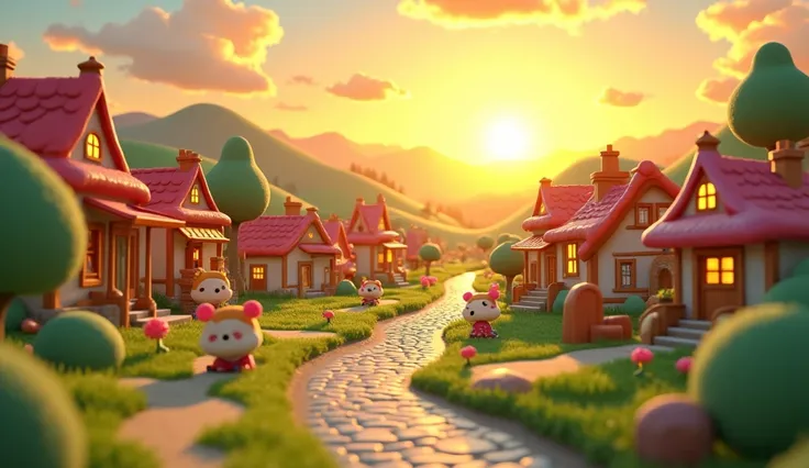 Sun rising in the village in 3d cartoon 