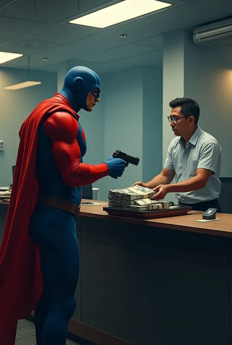 A supervellan wearing a red and blue suit , , stands inside a modern Bank. He holds a briefcase filled with stacks of dollar bills while pointing a handgun. Across the counter, a salesman wearing glasses and a casual shirt is handing over the open briefcas...