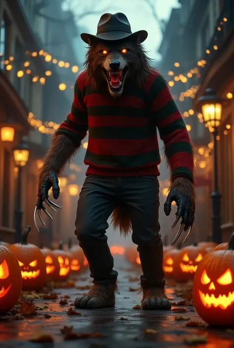  A WOLF standing like a man ,  with a Freddy Kruger costume is seen along a decorated street in Hallowen. terror. Hallowen. fear.  Street decorated with Halloween pumpkins and neon orange . 