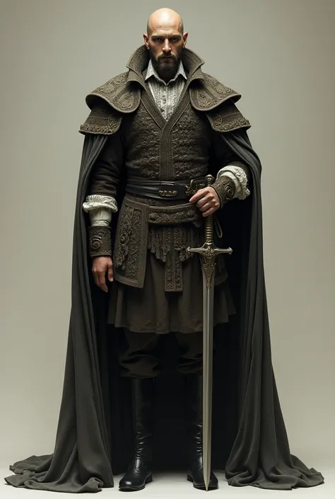 A tall and imposing mandrel wearing Renaissance clothing ,  looking serious and cold , delgado,  and holding a sabre sheathed as if it were a cane 