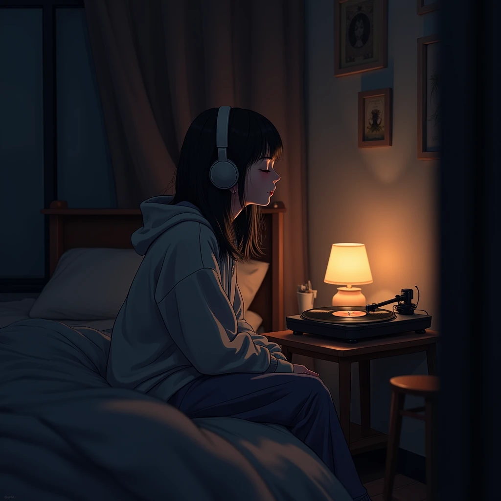 Perfect Image, 8k, night、Listen to music in a cozy room、High school girl , Mature、Close your eyes、 headphones,  straight hair、 hoodie、bed、lamp、record、Retro、Anime 2D Style, Lo-Fi, LoFi、Dark Environment, relax、アニメ調Illustration、Illustration