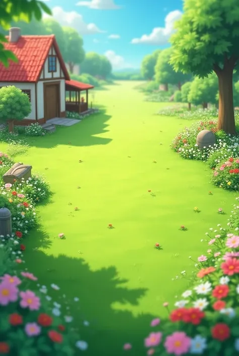  There is a green lawn all around the farm， There are many small floral flowers on the lawn ，The grass is growing lushly ,Bird&#39;s-eye view，Reality Perspective，Proportion，Isometric，Q version，Cartoon，2.5D， Game Architecture Design ， casual game style ，Mas...