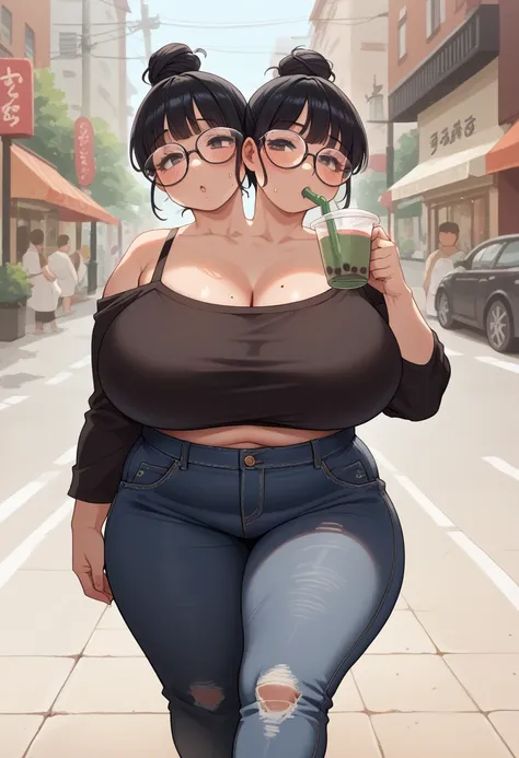 2heads, a chunky woman with 2 heads. she is wearing a crop-top and jeans. she is walking ok a sidewalk in a busy city. large cir...