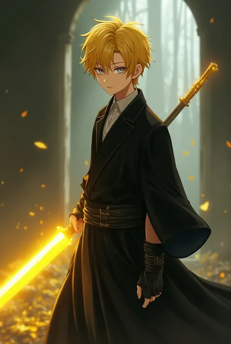 A young man, yellow hair, normal hair, silver eyes, wearing a black robe, with a light figure, with a sword of yellow light, anime