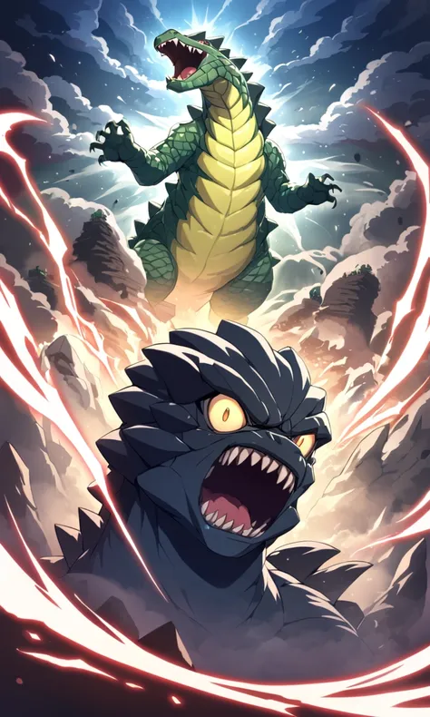 Godzilla roars and threatens his foe, A deadly alien mutant Kaiju themed after a piece of bread. Monster island. Stand off phase, roaring challenges to one another
