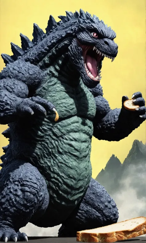 Godzilla roars and threatens his foe, A deadly alien mutant Kaiju themed after a piece of bread. Monster island. Stand off phase, roaring challenges to one another
