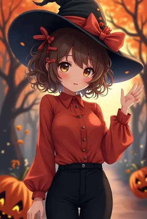  Anime girl with curly short hair with loose curlers and brown eyes,  wears a red blouse and black pants ,  Halloween black hat , pretty Halloween background  