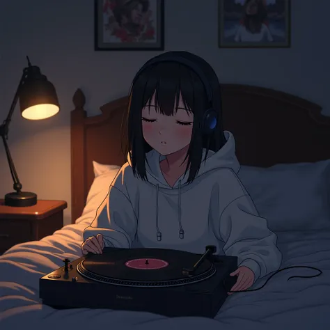 Perfect Image, 8k, night、Listen to music in a cozy room、High school girl , Mature、Close your eyes、 headphones,  straight hair、 hoodie、bed、lamp、record、Retro、Anime 2D Style, Lo-Fi, LoFi、Dark Environment, relax、アニメ調Illustration、Illustration