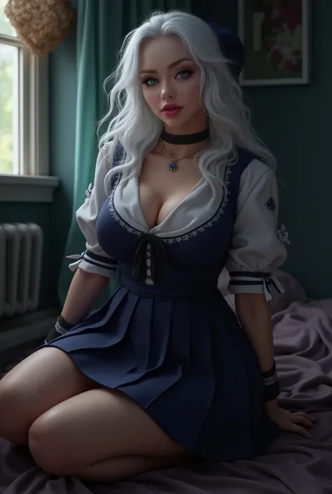 A beautiful witch with blue eyes and white hair inside my room. has a big bust. of beautiful body. Dressed as a schoolgirl sending me a kiss . 