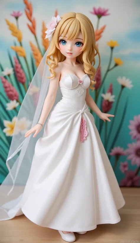 Realistic、Nendoroid wearing a wedding dress standing in front of a painting、smile、 cute pose、Watercolor Nendoroid、( High Resolution Figure )、 Flowing Rainbow Silk、Close-up of face、Look up、heart mark、Floral Dress、season!!: summer☀ 🍂、(( Amazing painting with...