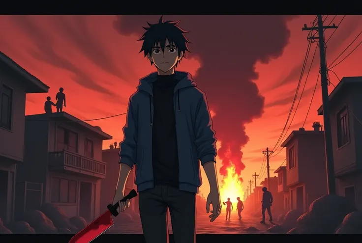 Realistic anime style, scared and worried young man ,  black hair, tanned skin, dark blue hoodie on , black turtleneck t-shirt ,  black pants ,  alert pose holding a long red machete,  in a destroyed poor neighborhood , Fire in the Distance ,   zombie silh...