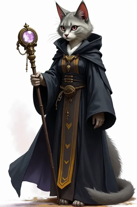 ((best quality)), ((masterpiece)), (detailed), a female tabaxi, with gray fur and lilac eyes, wearing black wizard robes with yellow details and a hood, holding a staff as an arcane focus. Art painting semi-realistic white background