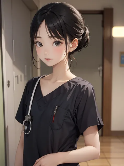 masterpiece, best quality, 1girl, solo, 10years old, flat chest, yuitsuruno, black hair, shoulder length hair, chignon, scrubs,