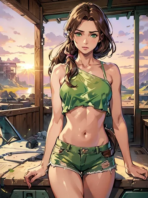 (best quality:1.4),masterpiece,ultra-detailed,delicate features,delicate skin,realism,beautiful lighting,cowboy shot,1girl,brown hair, pony tail,green eyes ,tareme, big , long hair,tanned skin, pink torn top, torn shorts, wasteland, laura croft