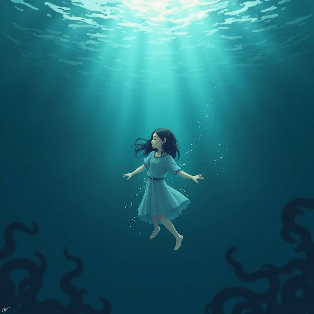 A girl sinking down in water closing her eyes while her hand is stretched out... She is lost in that deep sea animation 