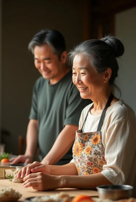 Ultra-realistic image of a Japanese couple in their late 50s. The woman, with graying black hair styled in a casual bun and wearing a colorful floral apron, stands in front, focusing on her work with a warm smile. She has a kind, nurturing expression, embo...