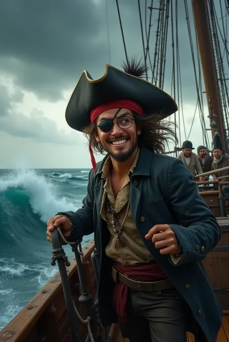 A distracted and cheerful pirate,  who wears a patch and glasses .  While there is a storm on his ship, his crew manages the ships helm