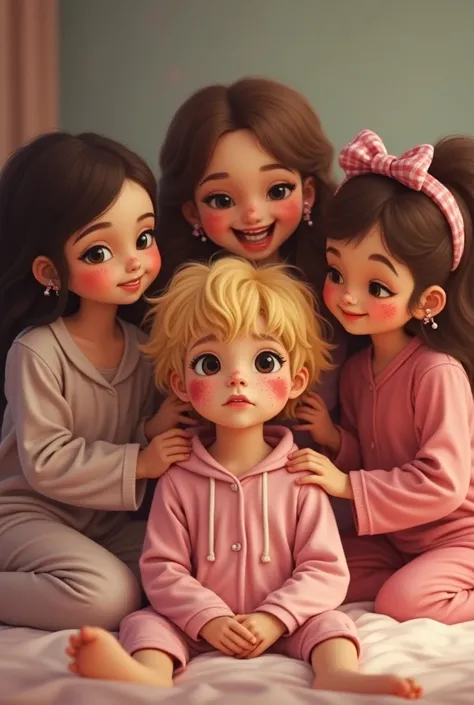 four, happy  girls in PJs surrounding and giving a miserable white  short blonde hair boy a girly makeover at sleepover in bedroom, the boy is wearing a bow, has makeup all over his face and has lipstick on his lips