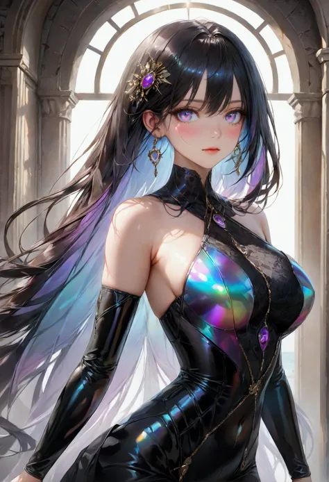 Long smooth straight black hair, inner dark iridescent hair, iridescent eyes,hourglass figure,standing asy clothes. masterpiece, super detail,detailed eyes, best quality, 8k,realistic