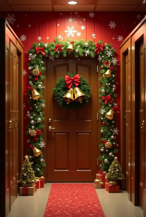  A door to a dressing room next to other dressing room doors decorated with a Christmas theme and large bells, Christmas wreath and snowflakes 