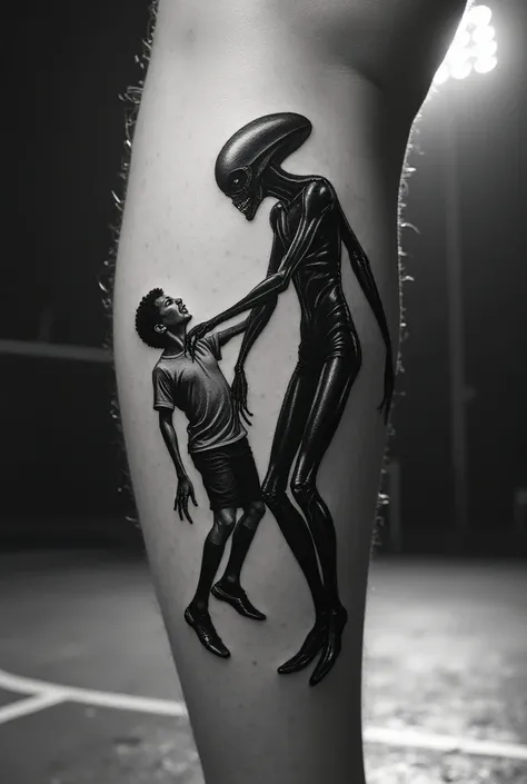 black and gray tattoo of an alien abducting a soccer player from a court with a light