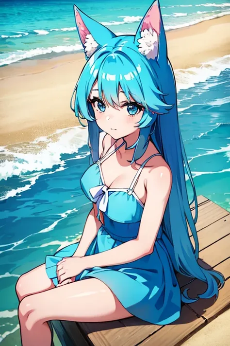 is sitting on the sandy beach of the ocean、blue hair、fox mimi 、beautiful、girl、1 person