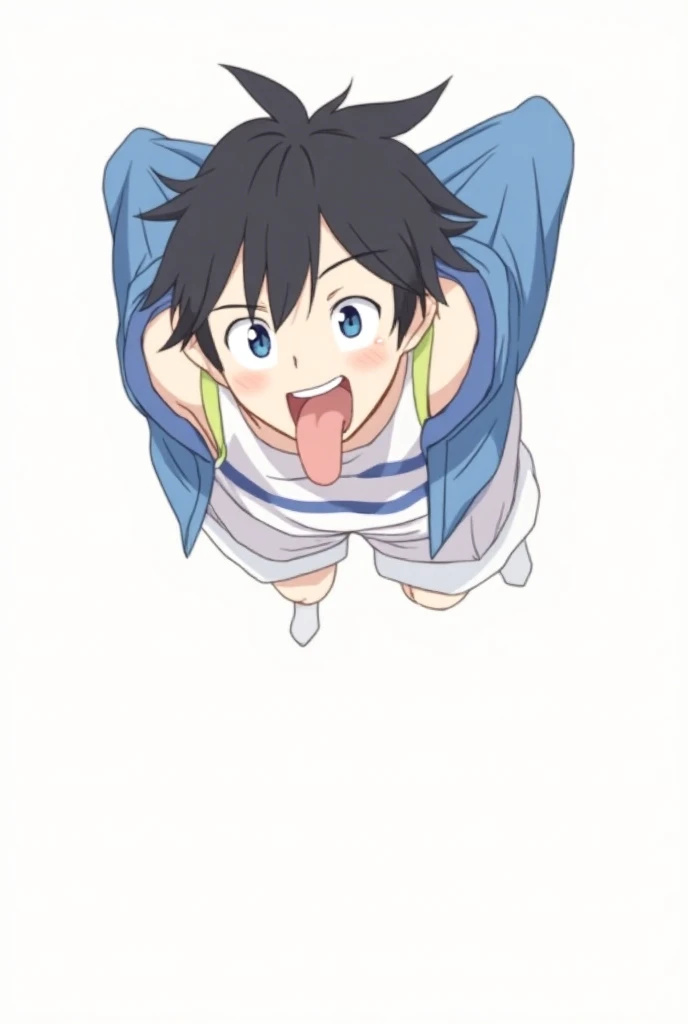 1boy,from below,open mouth,tongue,tongue out,blush,sweat,black hair,blue eyes,eyebrows visible through hair,looking at viewer,male focus,blue jacket,bare shoulders,off shoulder,sleeveless shirt,tank top,(white shorts),short shorts,sportswear,spread legs,bu...