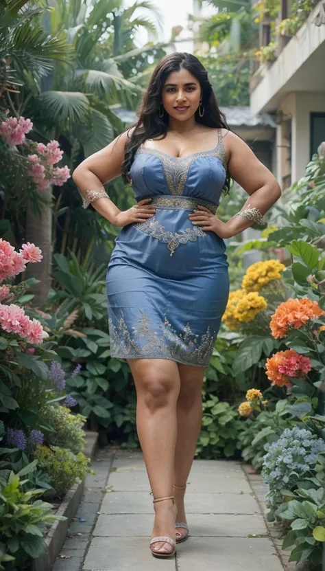 Full body image A radiant South Indian 40 year old bbw woman, wearing a silky chiffon gray colour body fit skirt and highly embroideried gray colour strapless deep neck blouse wearing plus sized bbw aunty ,with her curvaceous figure in a joyous embrace in,...