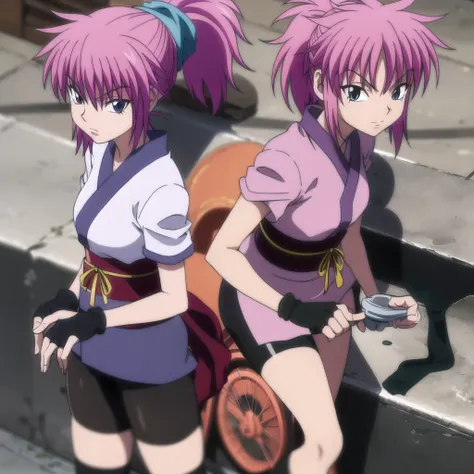 machi,1girl, ponytail, short kimono, obi,sash, fingerless gloves, bike shorts, socks,thighhighs,tabi