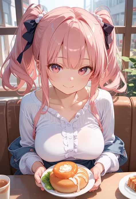 (Best Quality),  Female Adult, Large Breasts,  pink hair,  twin tails, Pink Eyes, smile, If you look at this,  High Resolution , Cafe, The interior has the warmth of wood, Houseplants,  with my hair tied in two, Day off ,  casual clothes , Wearing knitwear...